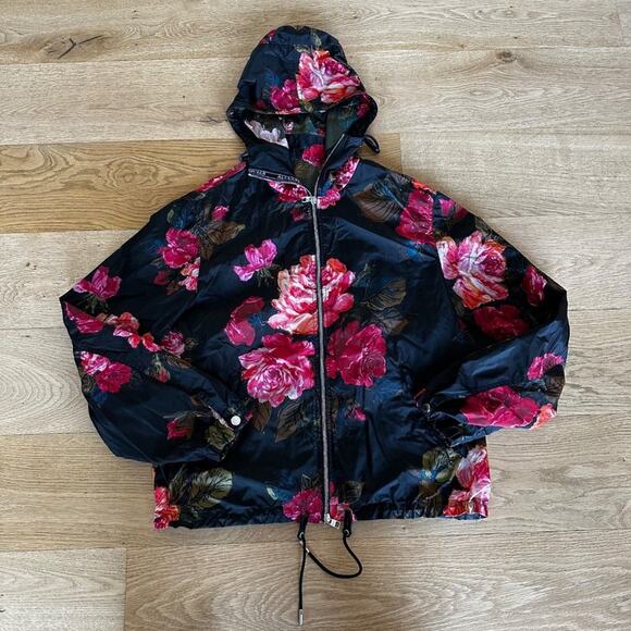 Alexander McQueen Rose Print Bomber Rain Jacket with Hood - Picture 1 of 7